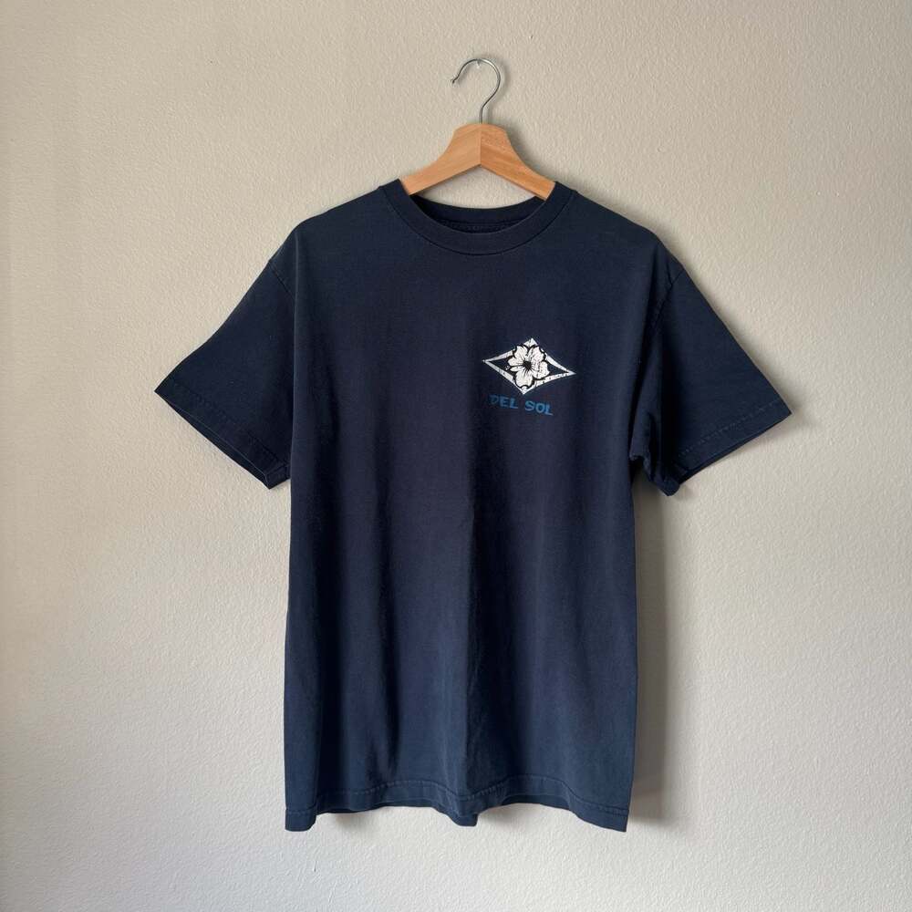 Y2K Del Sol Hibiscus Flower Navy Graphic T Shirt Medium